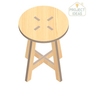May include: A wooden stool with a round seat and four legs. The legs are connected by a cross-shaped support.