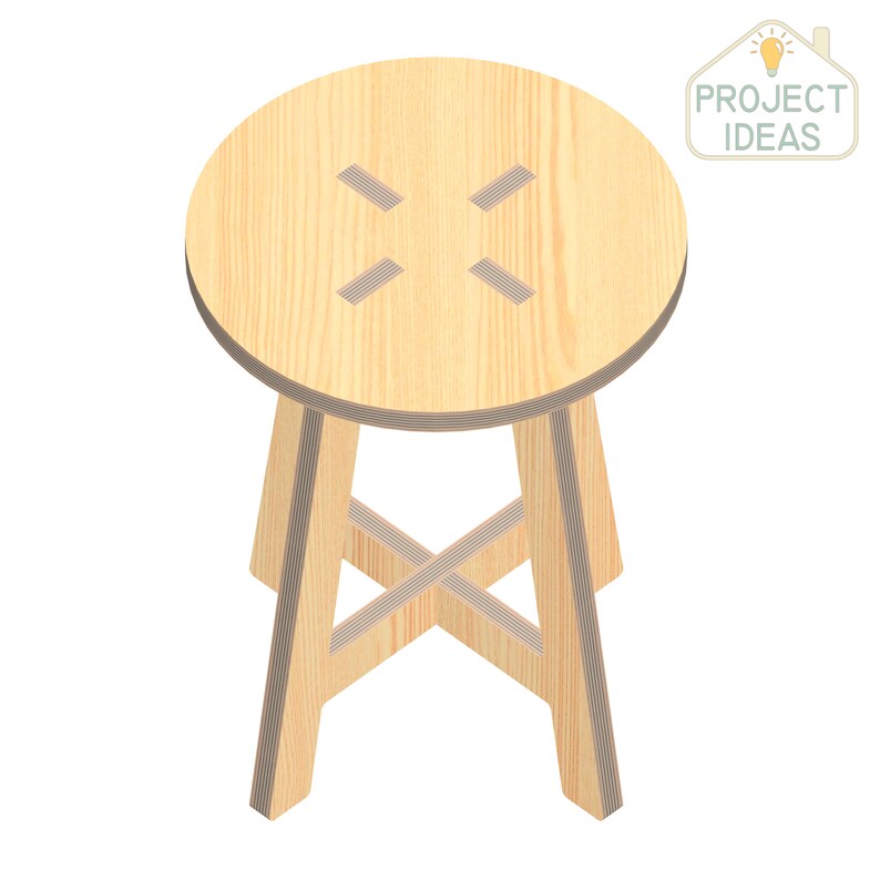 May include: A wooden stool with a round seat and four legs. The legs are connected by a cross-shaped support.