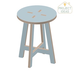 May include: A light blue stool with a round top and four legs. The legs are made of plywood and have a natural wood finish. The stool is a simple and modern design.