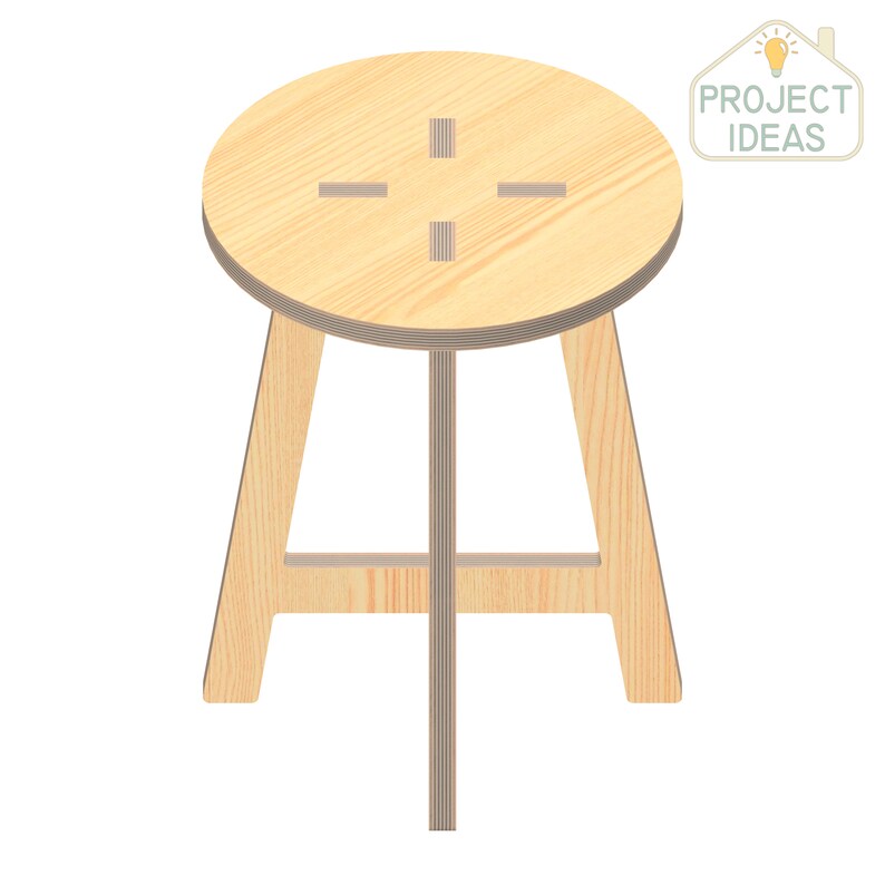 May include: A light wood stool with a round seat and four legs. The seat has a cross-shaped design.