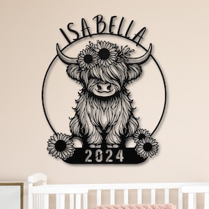 Sunflower, Nursery Name Sign for Wall, Custom Name Sign, Girl Name, Highland Cow Name Sign, Highland Cow Nursery, Baby Highland Cow, Cow