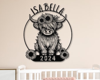 Custom Name Sign, Sunflower, Nursery Name Sign for Wall, Girl Name, Highland Cow Name Sign, Highland Cow Nursery, Baby Highland Cow, Cow