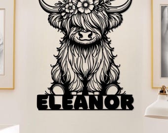 Highland Cow Nursery, Highland Cow Name Sign, Baby Highland Cow, Farm Nursery Decor, Custom Name Sign, Nursery Name Sign for Wall, Girl Name