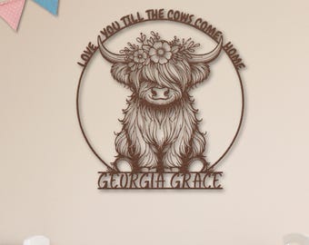 Highland Cow Name Sign, Highland Cow Nursery, Nursery Name Sign for Wall, Farm Nursery Decor, Baby Highland Cow, Custom Name Sign, Girl Name