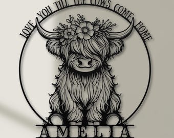 Nursery Name Sign for Wall, Girl Name, Highland Cow Nursery, Baby Highland Cow, Highland Cow Name Sign, Farm Nursery Decor, Custom Name Sign