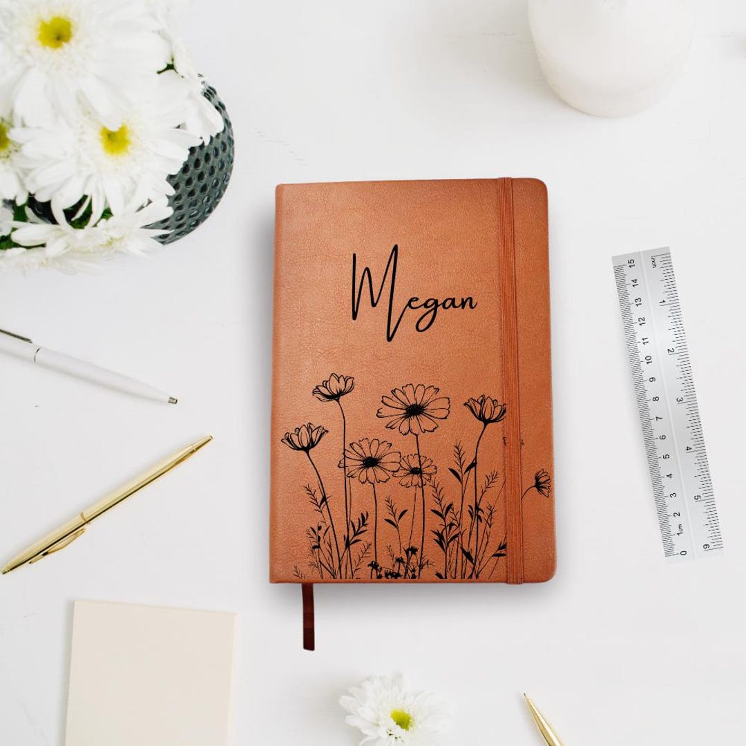 Wildflower Engraved Leather Notebook for Her, Custom Notebook for Women ...