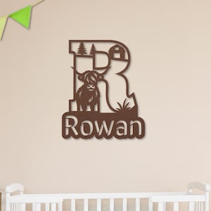 Highland Cow Nursery, Highland Cow Name Sign, Monogram, Baby Highland Cow, Farm Nursery Decor, Custom Name Sign, Nursery Name Sign for Wall
