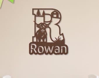 Highland Cow Nursery, Highland Cow Name Sign, Monogram, Baby Highland Cow, Farm Nursery Decor, Custom Name Sign, Nursery Name Sign for Wall