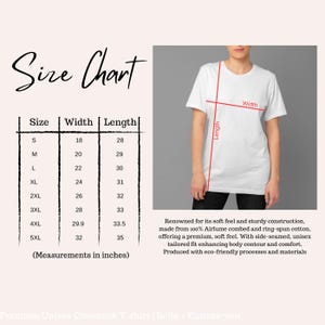 May include: A white crewneck t-shirt with a size chart showing measurements in inches. The chart lists sizes S to 5XL, with widths from 45.7 to 81.3 cm and lengths from 71.1 to 88.9 cm. A person models the shirt.