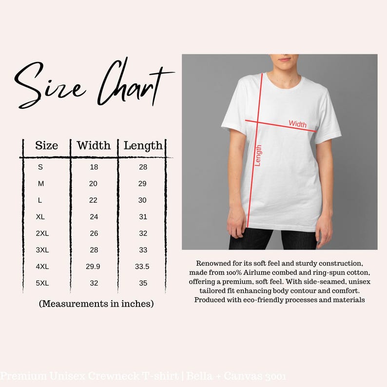May include: A white crewneck t-shirt with a size chart showing measurements in inches. The chart lists sizes S to 5XL, with widths from 45.7 to 81.3 cm and lengths from 71.1 to 88.9 cm. A person models the shirt.