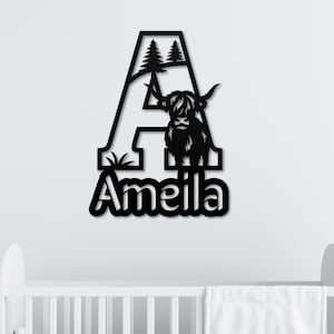Highland Cow Name Sign, Monogram, Highland Cow Nursery, Baby Highland Cow, Farm Nursery Decor, Custom Name Sign, Nursery Name Sign for Wall