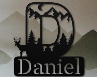 Personalized Woodland Nursery Name Sign: Metal Deer, Mountains & Pine Trees