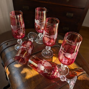 Set of 6 Vintage Bohemian Cranberry Cut to Clear Champagne Flutes – Hand Engraved Czech Crystal Sparkling Wine Glasses 1950s