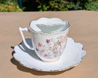 Antique German Mustache Cup with Saucer – 19th Century Porcelain Mustache Guard Tea Cup, Victorian Floral Collectible with Inscription