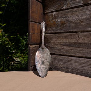 Puede incluir: Una cuchara de servir plateada con un diseño grabado y ornamentado. La cuchara tiene un mango largo y detallado y un cuenco ancho y ovalado. El intrincado patrón cubre toda la superficie de la cuchara, creando una estética vintage. La cuchara se muestra sobre un fondo de madera rústica.