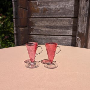 Pair of Vintage Ruby Red Bohemian Glass Cordial Cups – Hand Engraved Floral Motif Liqueur Glasses with Handle – Czech Art Glass
