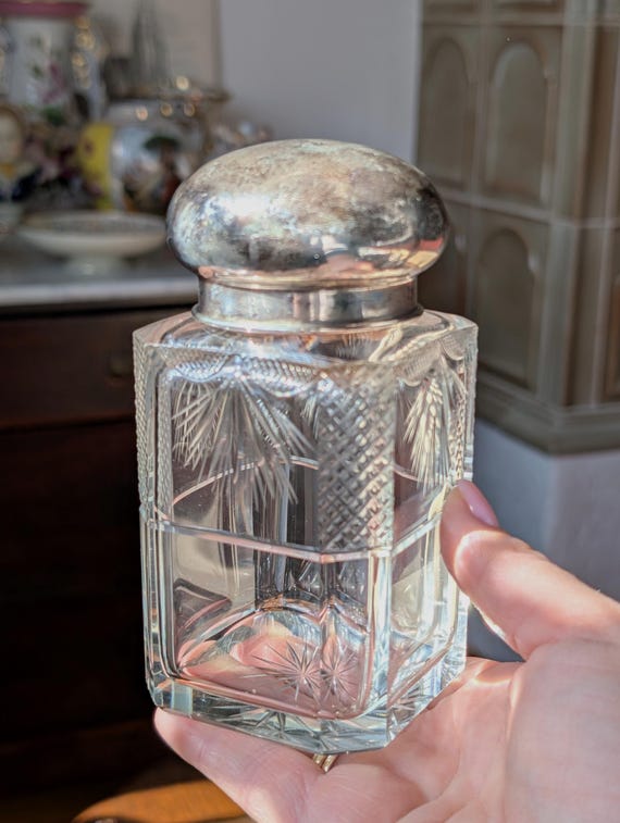 Antique Cut Glass Perfume Bottle with Sterling Silver Lid by Franz Mosgau – Collectible Victorian Style Vanity Décor – Hallmarked Silver 800
