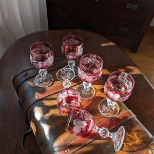 Set of 6 Vintage Bohemian Cranberry Cut to Clear Crystal Wine Glasses – Hand Engraved Ruby Red 1950s Czechoslovakia Crystal Goblets