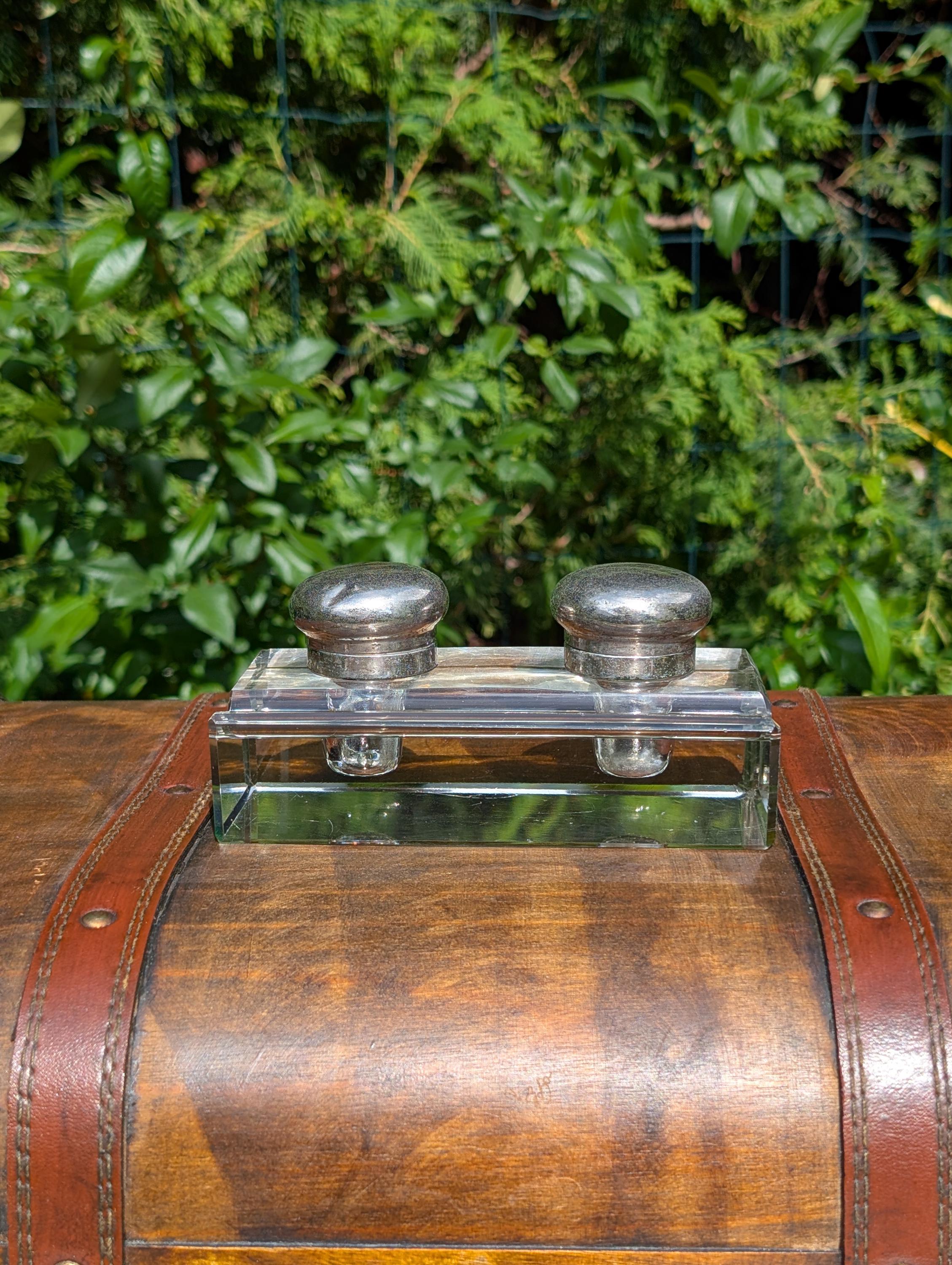 金属製蓋付きヴィンテージガラス製ダブルインク壺 | 1930年代の