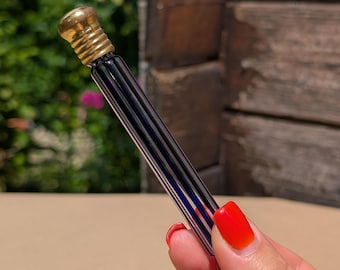Antique Cobalt Blue Striped Glass Perfume Bottle with Brass Screw Cap – Victorian / Edwardian Travel Scent Bottle (1890–1910)