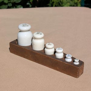 Antique Apothecary Weights Set – 19th Century German Pharmacy Scales Weights, dkg Porcelain Weights in Wooden Case, Rare Collectible