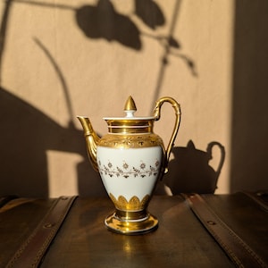 Antica caffettiera francese in porcellana, stile revival della vecchia Parigi, con decorazioni floreali dorate dipinte a mano, inizio-metà del XX secolo, raro oggetto da collezione.