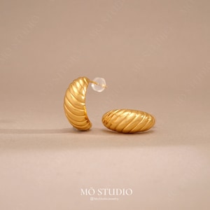 Chunky 18k Gold Dome Earrings, Statement Teardrop Croissant Hoop Earrings, Minimalist Boho Bold Thick Hoops, Large Gold Bean Stud Earrings
