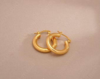 Chunky 18K Gold Hoop Earrings, 25mm Small Gold Hoop Earrings, Huggie Hoop Earrings, Thick Gold Huggie Earrings, Dainty Hoop Earrings