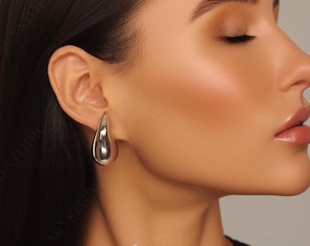 Oversized Silver Teardrop Earrings, Chunky Gold Teardrop Earrings, Minimalist Chic Bold Statement Raindrop Earrings, Gold Bean Stud Earrings