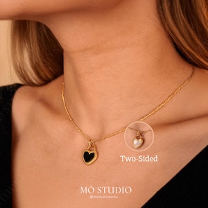 Two Sided Dainty Gold Heart Necklace, Black Onyx  Necklace, Boho Mother of Pearl Necklace, Minimalist Necklace, Black Gold Gemstone Necklace