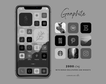 Graphite iPhone App Icon Set, 2000 Icons mit Bonus Minimalist und Boho Wallpapers und Widgets, 500 Icons in 4 schwarzen und grauen Farbtönen