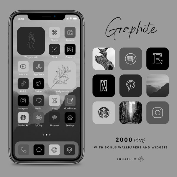 Graphite iPhone App Icon Set, 2000 Icons with Bonus Minimalist and Boho Wallpapers and Widgets, 500 icons in 4 black and gray shades