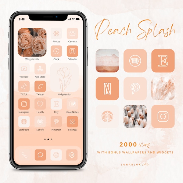 Peach Splash Icon Set, 2000 Icons with Bonus Wallpapers and Widgets, 500 icons in 4 peachy orange shades, minimalist and boho widgets