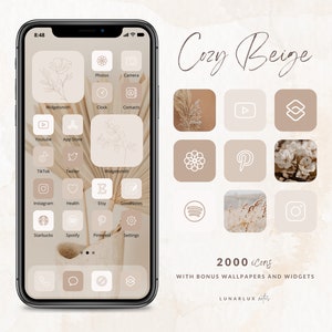 Cozy Beige iPhone Icon Set, 2000 Icons with Bonus Wallpapers and Widgets, 500 icons in 4 aeshetic beige shades, minimalist and boho widgets