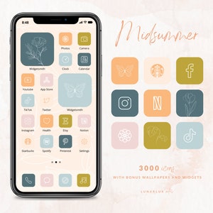 Midsummer Icon Set, 3000 Icons with Bonus Wallpapers and Widgets, 500 icons in 6 colors, minimalist and boho widgets, joyful summer ios icon