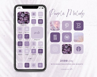 Purple Melody iPhone Icon Set, 2500 Icons with Bonus Minimalist and Boho Wallpapers and Widgets, 500 icons in 5 aesthetic purples shades