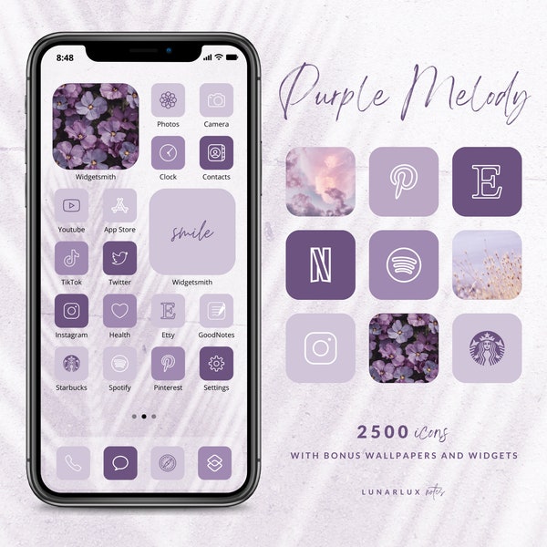 Purple Melody iPhone Icon Set, 2500 Icons mit Bonus Minimalist und Boho Wallpapers und Widgets, 500 Icons in 5 ästhetischen Lilatönen