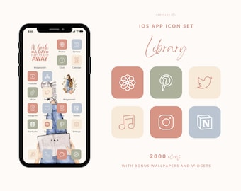 Library iPhone Icon Set, 2000 Icons with Bonus Wallpapers and Widgets, 500 icons, 4 shades, watercolor book lover widgets, reading quotes