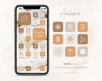 Ensemble d'icônes automne pour iPhone, 2000 icônes avec fonds d'écran bonus et widgets minimalistes et bohèmes, 500 icônes dans 4 couleurs esthétiques, ambiance automnale, automne