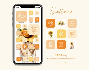 Ensemble d'icônes iPhone tournesol, 2000 icônes, esthétique d'été, avec tournesols aquarelles bonus et widgets de citations, fonds d'écran iOS bonus