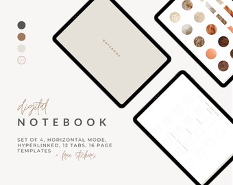 Digital Horizontal Notebook, 12 tabs, with digital page templates for ipad, goodnotes, notability - bonus stickers