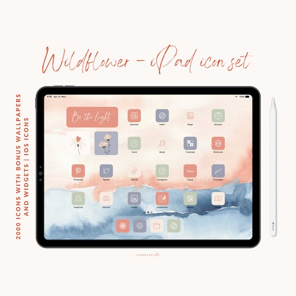 Wildflower iPad Icon Set, 2000 Icons with Bonus Watercolor Wallpapers and Widgets, 500 icons in 4 joyful colors, beige, blush, green, blue