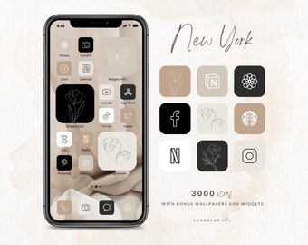 Icon Set "New York", 3000 icônes avec fonds d'écran et widgets bonus, 500 icônes en 6 couleurs, widgets minimalistes et bohèmes, jeu d'icônes iOS