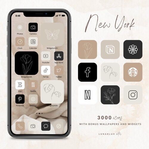 Icon Set "New York", 3000 Icons with Bonus Wallpapers and Widgets, 500 icons in 6 colors, minimalist and boho widgets, iOS icon set