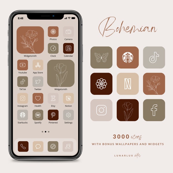 Bohemian Icon Set, 3000 Icons with Bonus Wallpapers and Widgets, 500 icons in 6 boho colors, minimalist and boho widgets, beige orange green