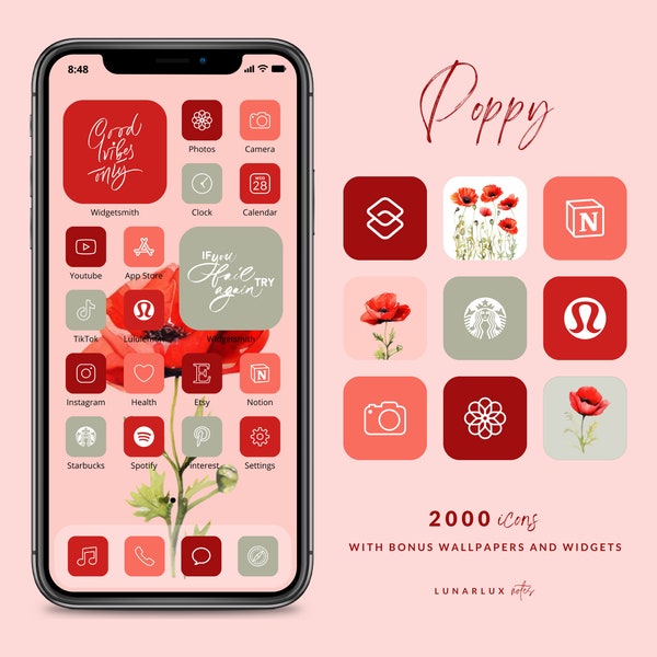 Poppy iPhone App Icon Set, 2000 iOS Icons, Red Summer Aesthetic, with Bonus Watercolor Red Poppyies and Quotes Widgets, bonus wallpapers