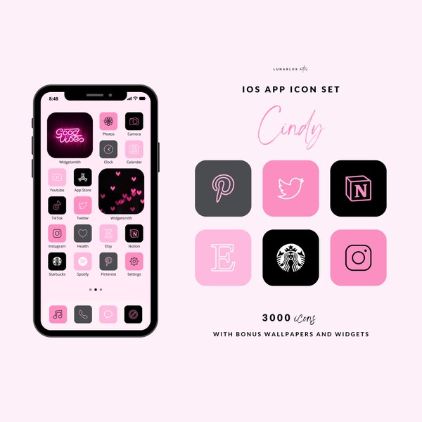 Cindy Icon Set, 3000 Icons with Bonus Wallpapers and Widgets, 500 icons in 6 pink and black shades, hot pink and black aesthetic