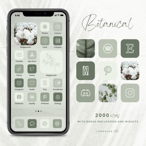 Botanical iPhone Icon Set, 2000 Icons with Bonus Wallpapers and Widgets, 500 icons in 4 natural sage greens, minimalist and boho widgets