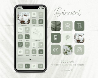 Botanische iPhone Icon Set, 2000 Icons mit Bonus-Hintergründen und Widgets, 500 Icons in 4 natürlichen Salbeigrüntönen, Minimalist und Boho Widgets