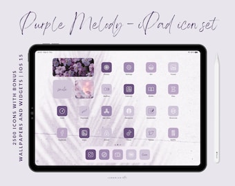 Purple Melody iPad Icon Set, 2500 Icons with Bonus Wallpapers and Widgets, 500 icon in 5 aesthetic purple shades